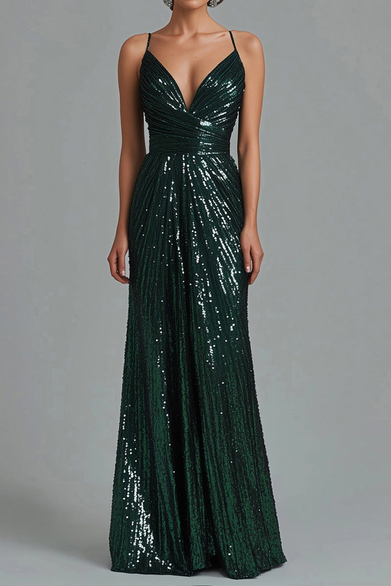 Load image into Gallery viewer, Dark Green Mermaid Spaghetti Straps Sequins Formal Dress