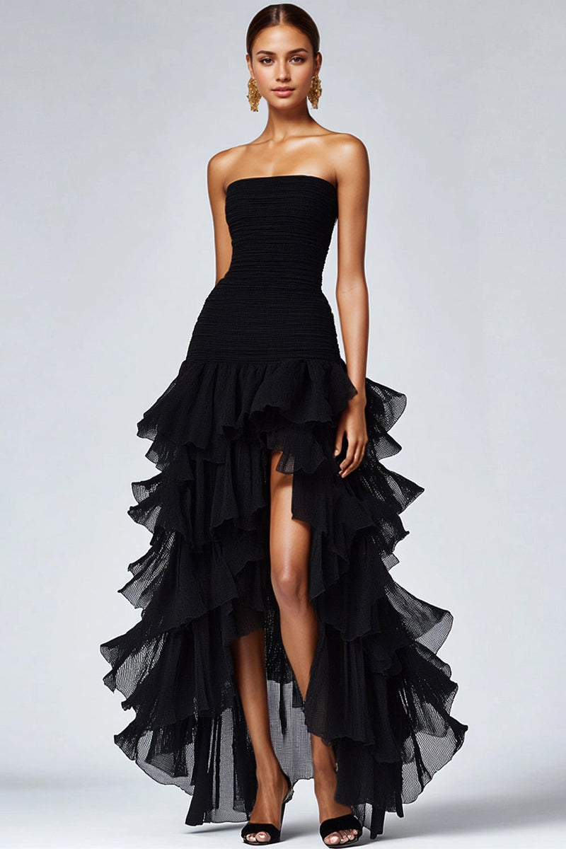 Load image into Gallery viewer, Black Strapless Tulle Tiered Ruffles Formal Dress