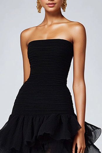 Black Strapless Tulle Tiered Ruffles Formal Dress