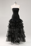 Tiered Strapless Tulle Ruffles Black Formal Dress
