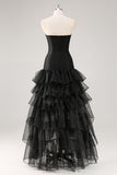 Tiered Strapless Tulle Ruffles Black Formal Dress