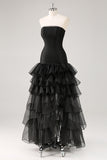 Tiered Strapless Tulle Ruffles Black Formal Dress