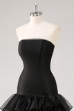 Tiered Strapless Tulle Ruffles Black Formal Dress