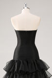Tiered Strapless Tulle Ruffles Black Formal Dress