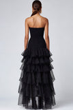 Black Strapless Tulle Tiered Ruffles Formal Dress