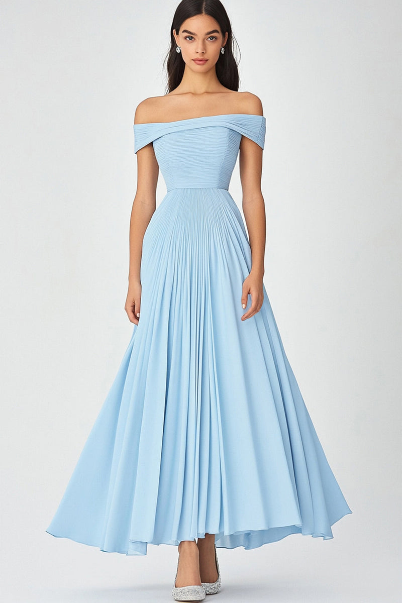 Load image into Gallery viewer, Off  the Shoulder Sky Blue A Line Ruched Chiffon Formal Dress