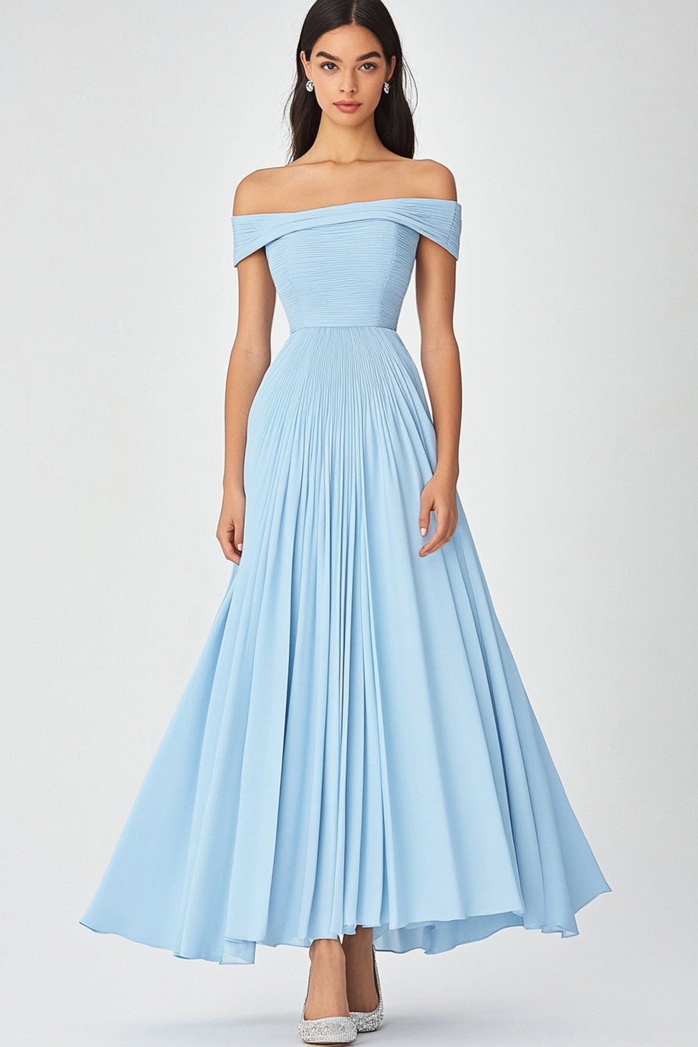 Off  the Shoulder Sky Blue A Line Ruched Chiffon Formal Dress