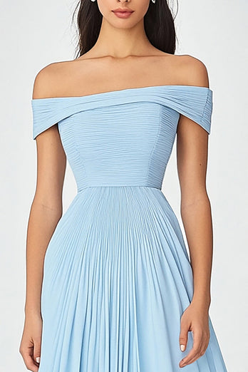 Off  the Shoulder Sky Blue A Line Ruched Chiffon Formal Dress