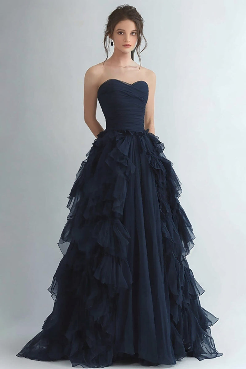 Load image into Gallery viewer, Organza Navy Tiered Strapless A Line Formal Dress