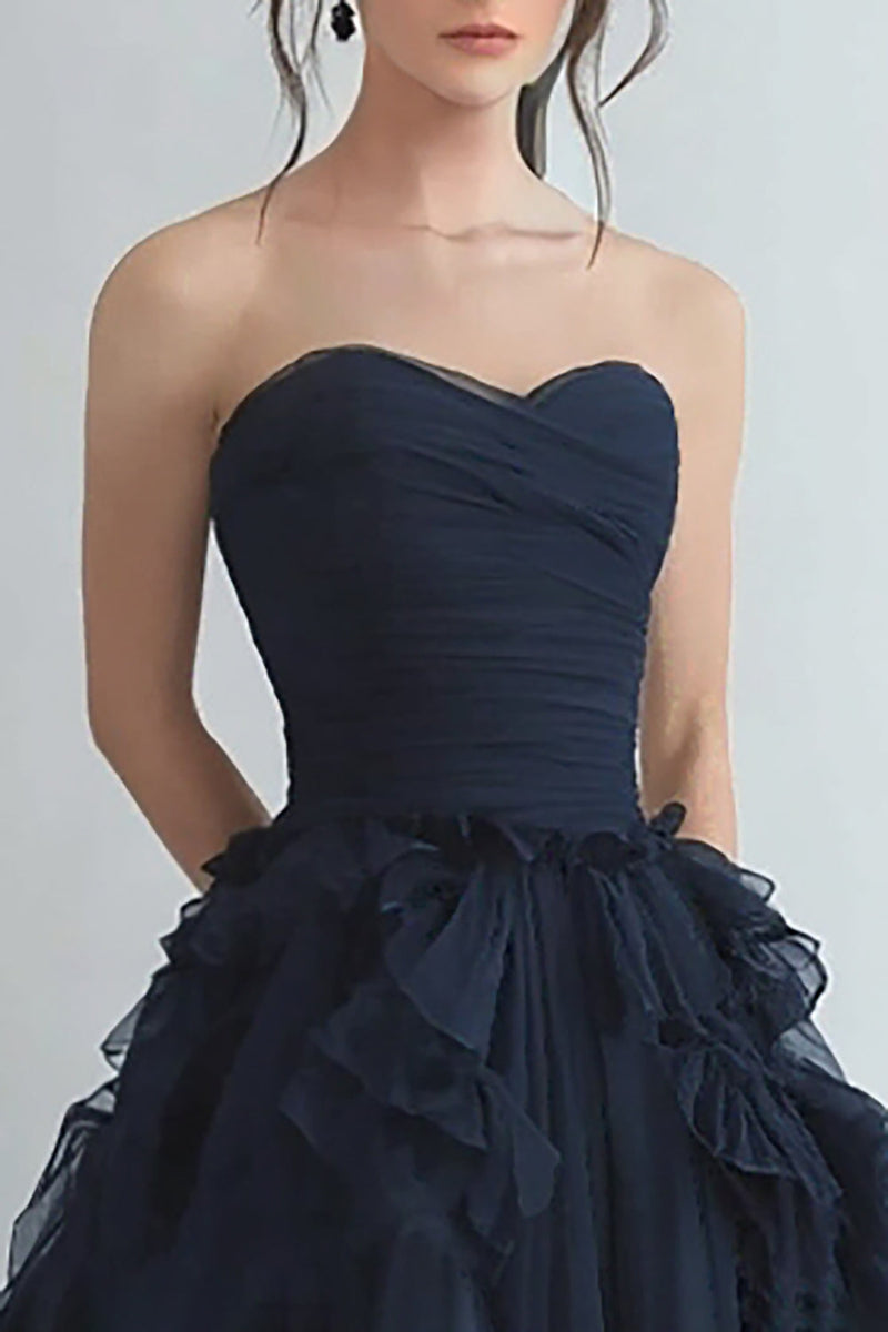 Load image into Gallery viewer, Organza Navy Tiered Strapless A Line Formal Dress