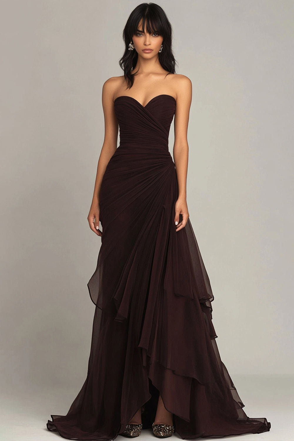 Dark Brown Sweetheart Ruched Ruffled Evening Dress Dark Brown Sweetheart Ruched Ruffled Evening Dress
