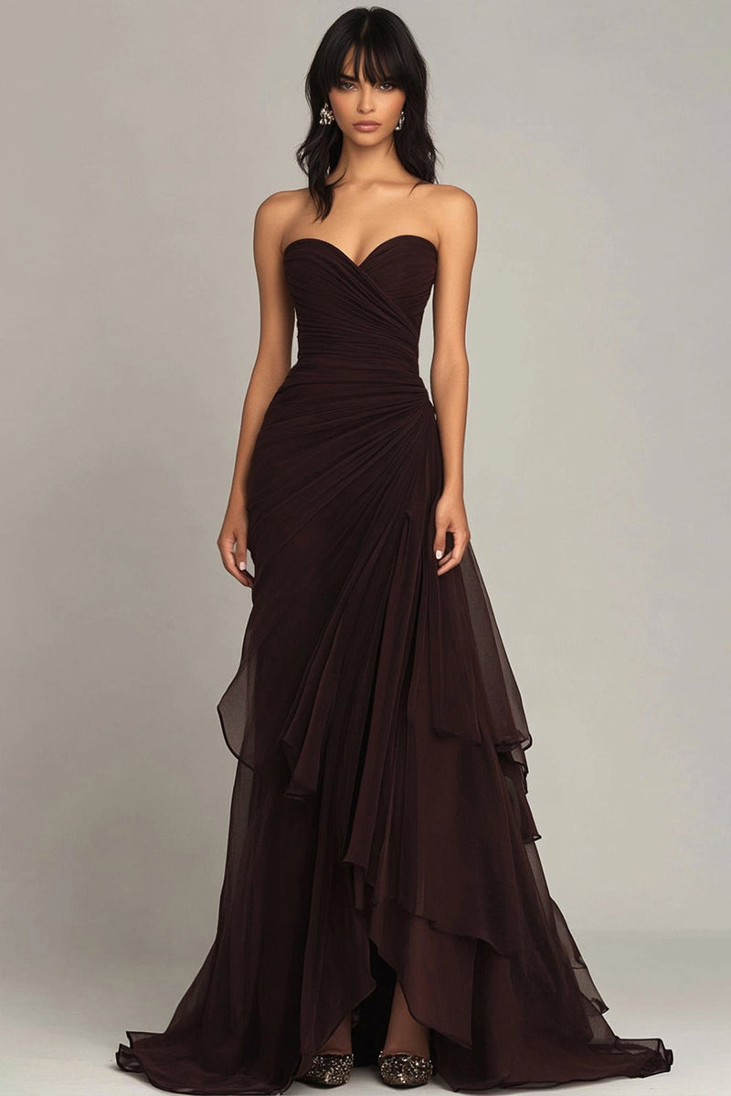 Load image into Gallery viewer, Dark Brown Sweetheart Ruched Ruffled Formal Dress