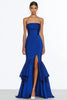 Load image into Gallery viewer, Mermaid Strapless Royal Blue Satin Long Formal Dress with Slit