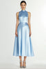 Load image into Gallery viewer, A Line Blue Halter Neck Satin Long Formal Dress