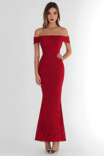 Red Lace Off the Shoulder Prom Dress