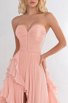 Pink A Line Chiffon Ruffled Long Prom Dress