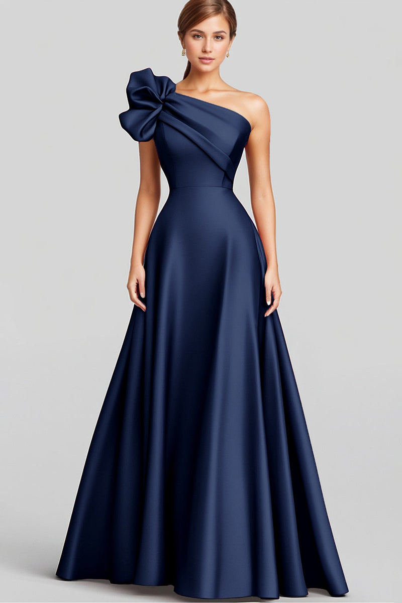 Load image into Gallery viewer, Navy A-Line Ruffled One Shoulder Satin Long Formal Dress