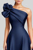 Load image into Gallery viewer, Navy A-Line Ruffled One Shoulder Satin Long Formal Dress