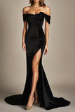 Off The Shoulder Mermaid Black Formal Dress With Slit