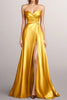 Load image into Gallery viewer, Yellow A-Line Strapless Wrap Ruched Satin Long Formal Dress with Slit