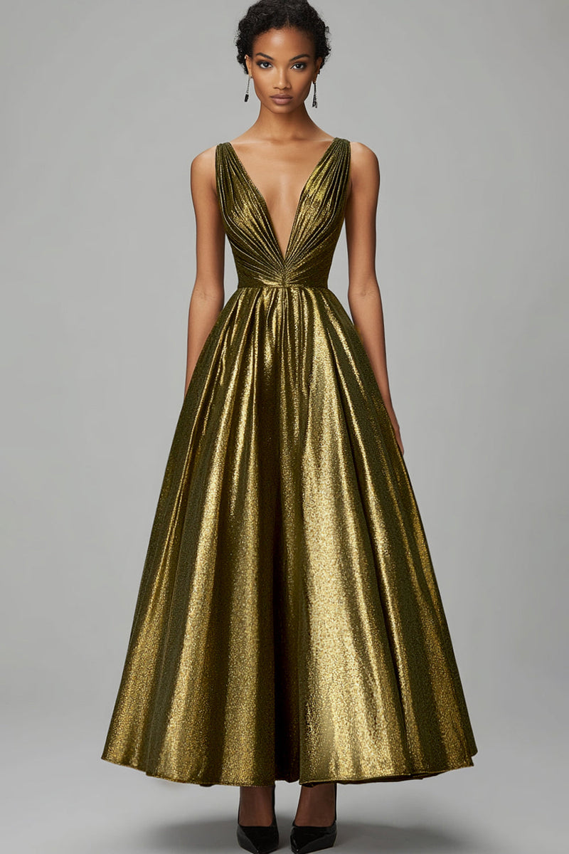 Load image into Gallery viewer, Sparkly Dark Gold A-Line V Neck Ruched Ankle Length Formal Dress