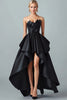 Load image into Gallery viewer, Sparkly Black Hi-Low A-Line Strapless 3D Flowers Ruffle Satin Formal Dress