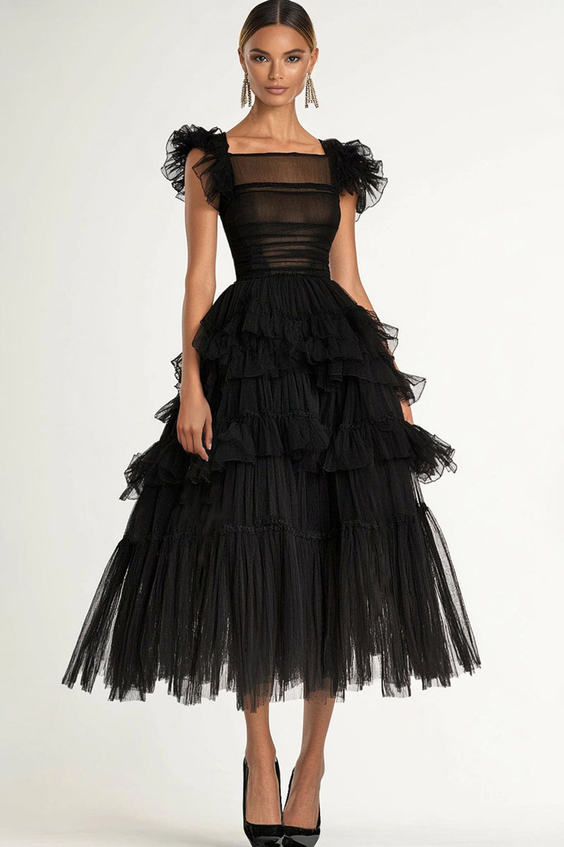 Load image into Gallery viewer, Black A-Line Flatter Sleeves Ruffles Tulle Tea Length Formal Dress