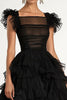 Load image into Gallery viewer, Black A-Line Flatter Sleeves Ruffles Tulle Tea Length Formal Dress