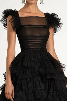 Black A-Line Flatter Sleeves Ruffles Tulle Tea Length Formal Dress