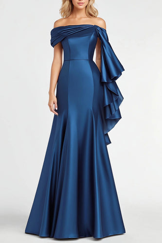 Dark Blue Mermaid Off the Shoulder Ruffles Satin Evening Dress