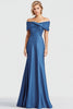 Load image into Gallery viewer, Blue Mermaid Ruched Off the Shoulder Satin Long Formal Dress