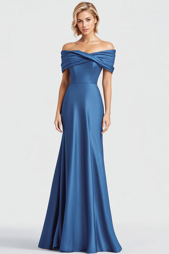 Blue Mermaid Ruched Off the Shoulder Satin Long Formal Dress