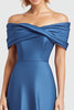 Load image into Gallery viewer, Blue Mermaid Ruched Off the Shoulder Satin Long Formal Dress