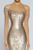 Load image into Gallery viewer, Sparkly Champagne Mermaid Off the Shoulder Sequins Long Formal Dress