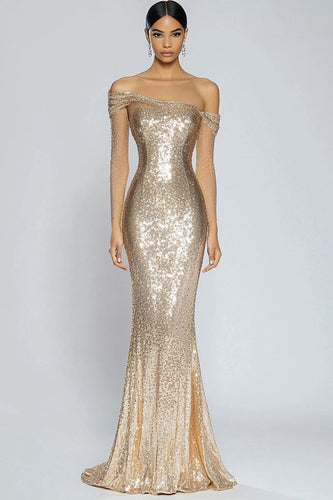 Sparkly Champagne Mermaid Off the Shoulder Sequins Long Formal Dress