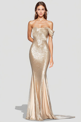 Sparkly Mermaid Champagne Off Shoulder Pleated Formal Dress with Sequins