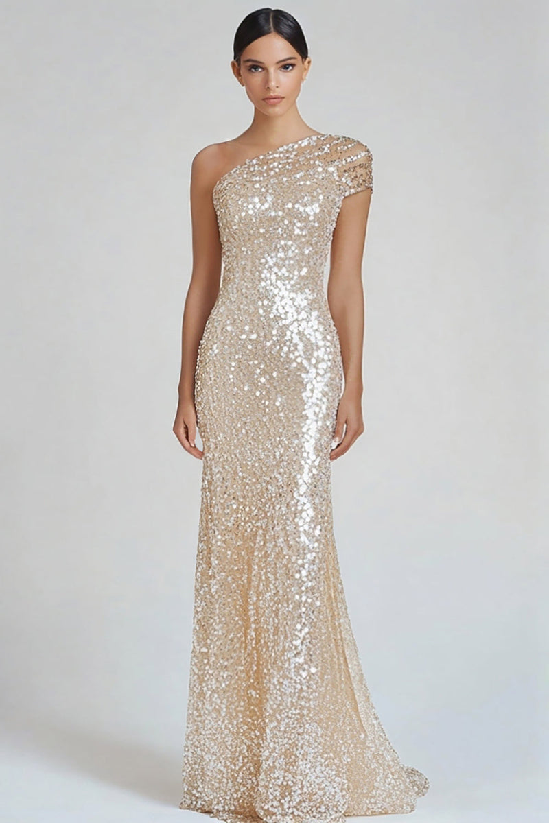 Load image into Gallery viewer, Sparkly Champagne Mermaid One Shoulder Formal Dress with Sequins