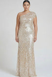 Sparkly Champagne One Shoulder Plus Size Sheath Formal Dress with Sequins