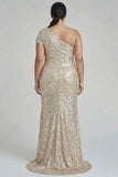 Sparkly Champagne One Shoulder Plus Size Sheath Formal Dress with Sequins
