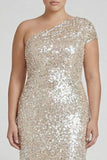 Sparkly Champagne One Shoulder Plus Size Sheath Formal Dress with Sequins