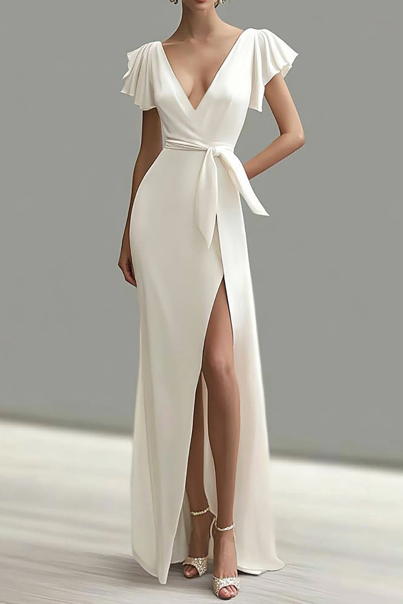 Load image into Gallery viewer, White Deep V Neck Mermaid Satin Formal Dress with Slit