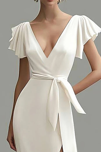 White Deep V Neck Mermaid Satin Formal Dress with Slit