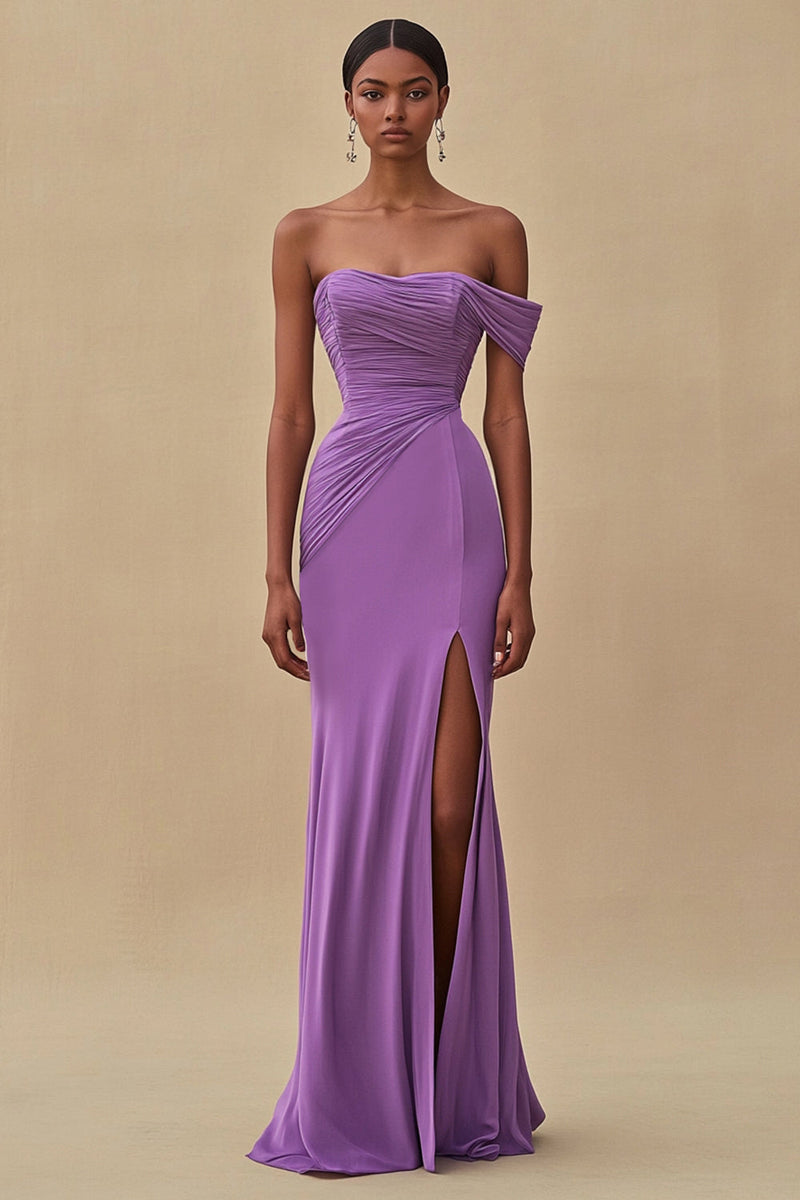 Load image into Gallery viewer, Off Shoulder Purple Mermaid Long Formal Dress with Slit