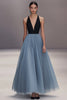 Load image into Gallery viewer, V Neck Black Blue Pleated Tulle Long Formal Dress