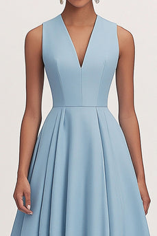 A Line V Neck Blue Pleated Formal Party Dress