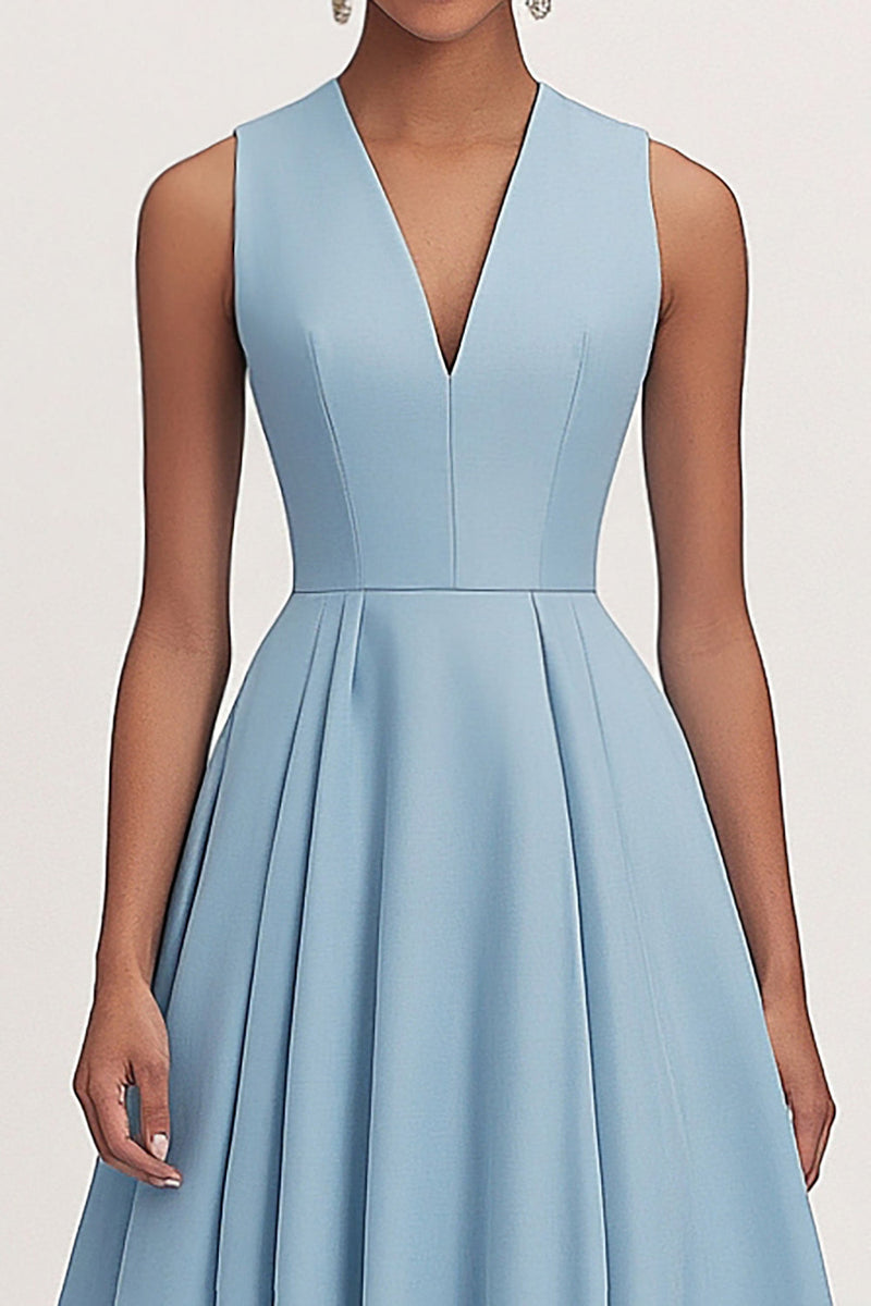 Load image into Gallery viewer, A Line V Neck Blue Pleated Formal Party Dress