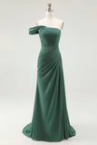 Mermaid Dark Green One Shoulder Pleated Long Formal Dress