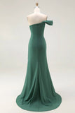 Mermaid Dark Green One Shoulder Pleated Long Formal Dress