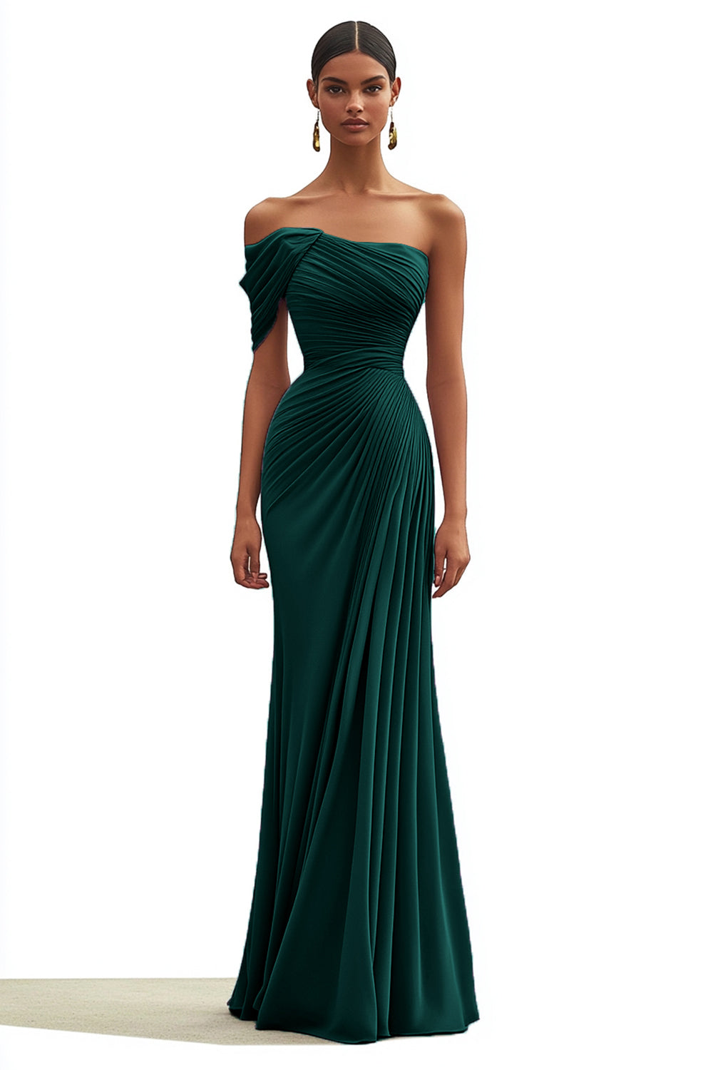 Mermaid Dark Green One Shoulder Pleated Long Formal Dress