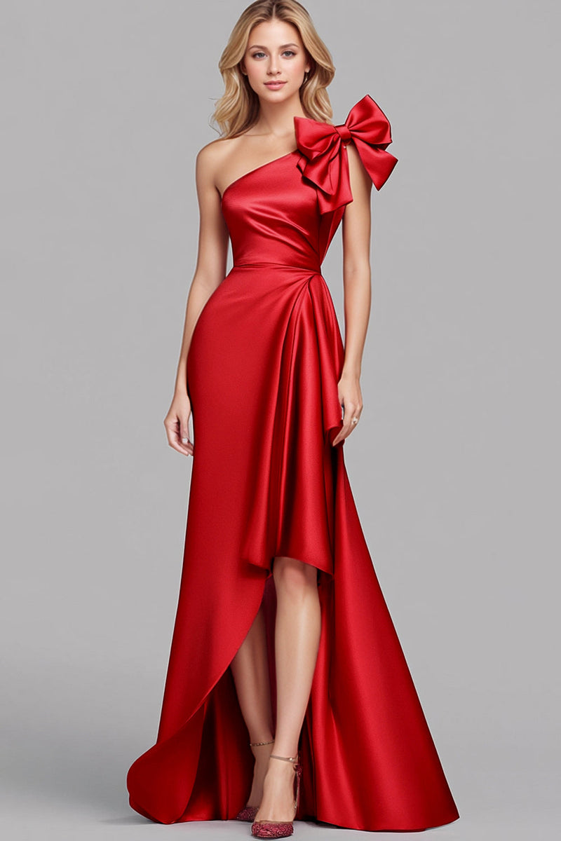 Load image into Gallery viewer, Red One Shoulder Satin Mermaid Long Formal Dress with Bow